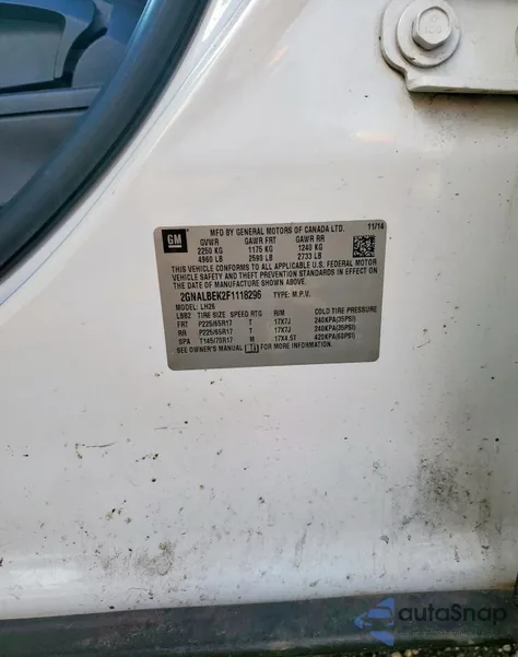 2015 Chevrolet Equinox Lt from USA, damaged, VIN 2GNALBEK2F1118296